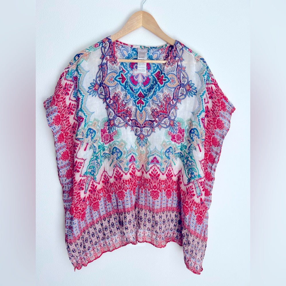 Chico's Women’s Paisley Print V-Neck Short Linen Caftan Top Size L/XL